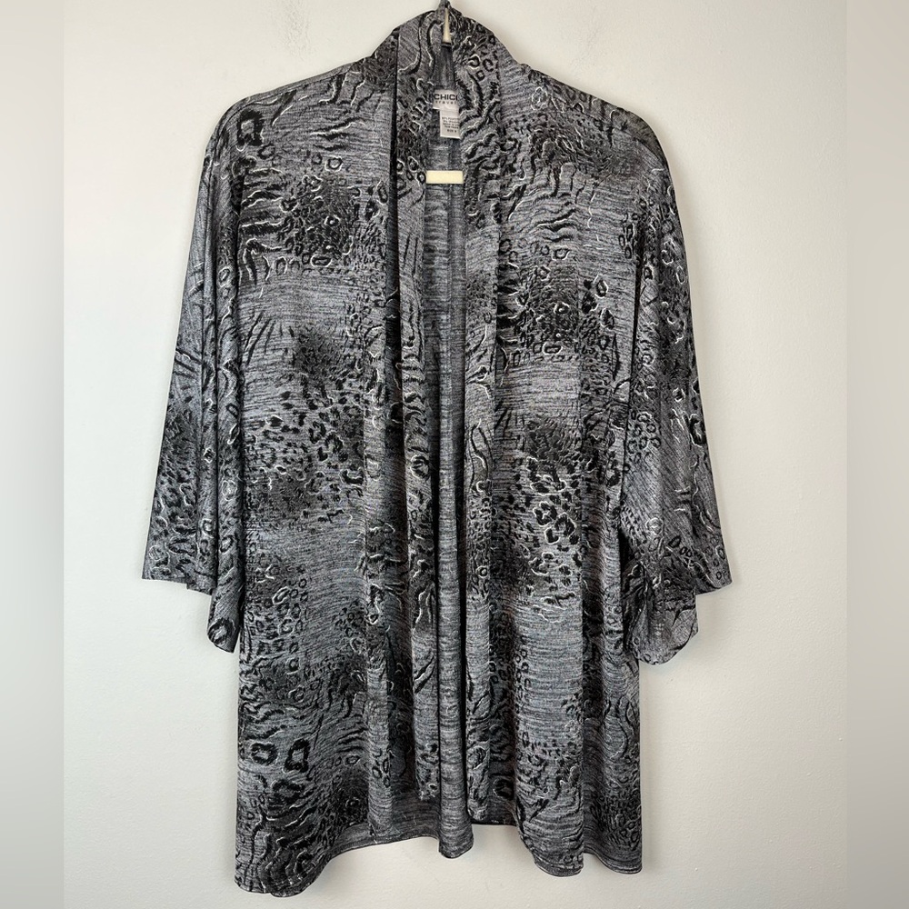 Chico’s Travelers Gray Black Animal Print Open Front Cardigan Cover Up 3/XL